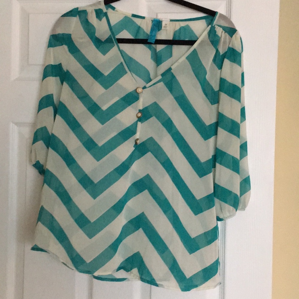 Green and cream color striped blouse